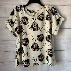 Melloday Cream Floral Blouse Short Sleeve Back Partial Zipper Size M